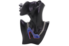 Silver Metal Chain Necklace Blue Heel Pump Shoe Pendant