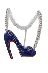 Silver Metal Chain Necklace Blue Heel Pump Shoe Pendant
