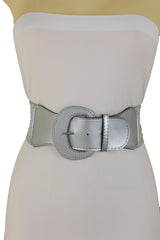 Women Silver Color Stretch Strap Cinch Waistband Cool Fashion Belt Hip High Waist Size M L