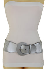 Women Silver Color Stretch Strap Cinch Waistband Cool Fashion Belt Hip High Waist Size M L