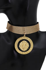 Gold Mesh Choker with Large Lion Medallion