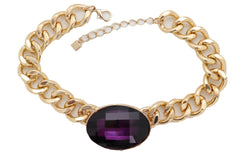 Chunky Short Length Chain Link & Purple Gem Pendant Necklace