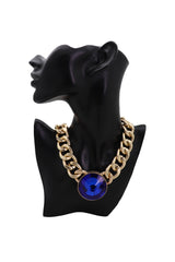Blue Jewel Bead Pendant Short Gold Metal Chain Necklace