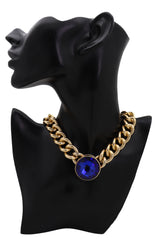 Small Blue Bead Pendant Short Gold Metal Chain Necklace