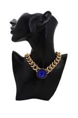 Small Blue Bead Pendant Short Gold Metal Chain Necklace