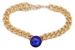 Small Blue Bead Pendant Short Gold Metal Chain Necklace