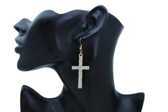 Double Row Gold Metal Rhinestone Cross Earrings