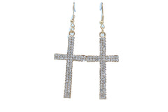 Double Row Gold Metal Rhinestone Cross Earrings