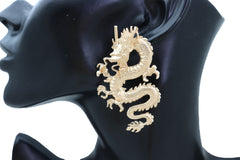 Earrings Set Gold Metal Large Bling Chinese Dragon Ethnic Style