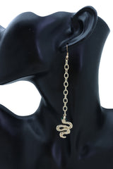 Long Gold Metal Chain Snake Charm Dangle Earrings