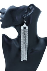 Black Gem Accent Long Tassel Silver Earrings