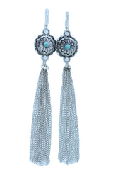 Women Earrings Set Long Silver Metal Tassel Chains Flower Charm Turquoise Blue Bead