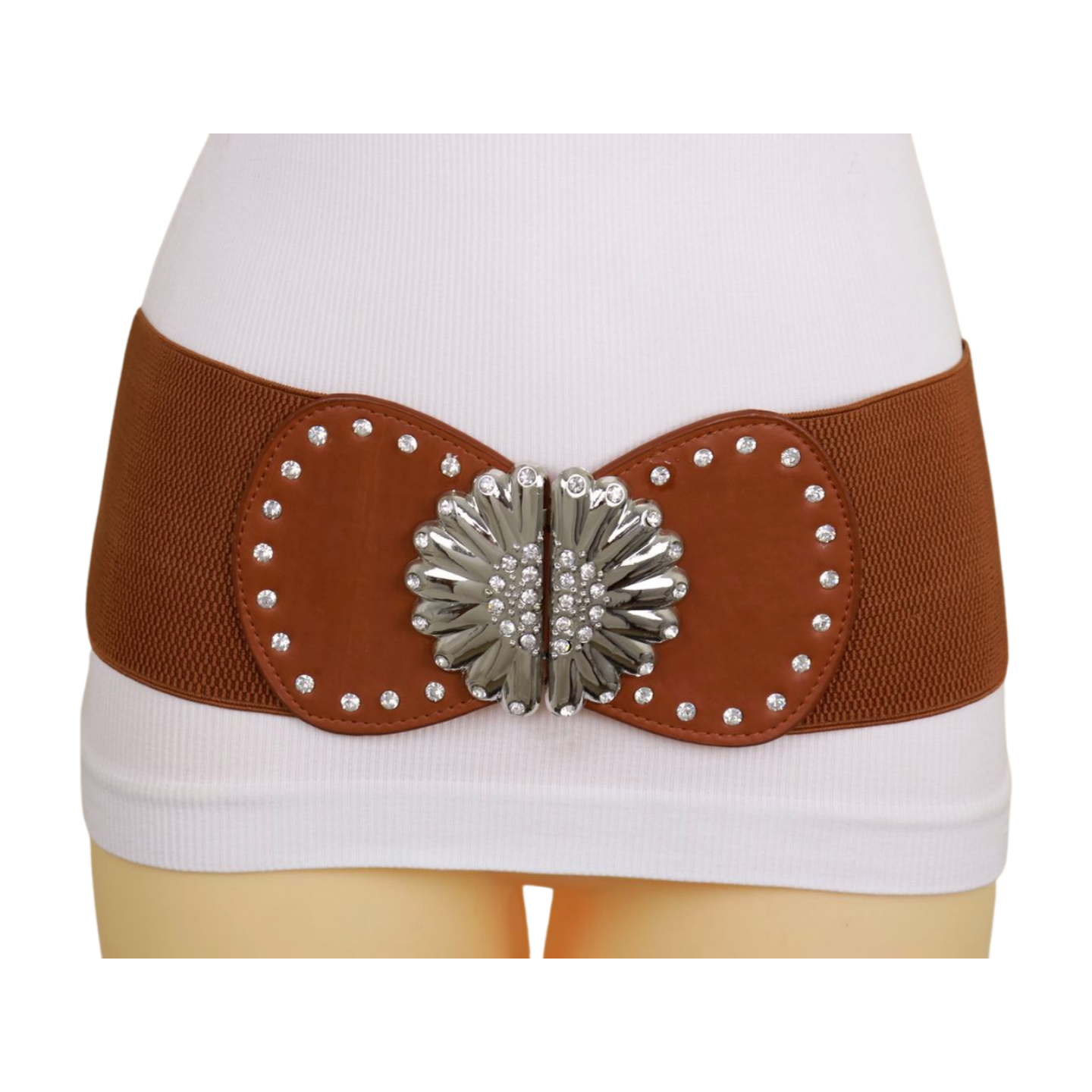 Wide Brown Faux Leather Elastic Fashion Belt Flower Buckle S M