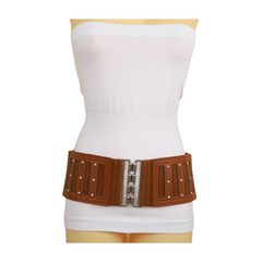 Brown Elastic Band Wide Belt Silver Metal Buckle Fit Size S M