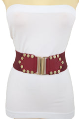 Red Wide Elastic Waistband Fashion Belt Gold Metal Buckle Studs Size S M