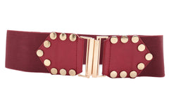 Red Wide Elastic Waistband Fashion Belt Gold Metal Buckle Studs Size S M