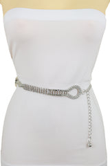 Women Waist Hip Silver Metal Chain Braided Band Belt Bling Flower Charm S M L