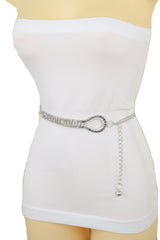 Silver Metal Chain Flowers Charms Belt Hip High Waist Fit Size S M