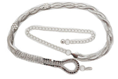 Women Waist Hip Silver Metal Chain Braided Band Belt Bling Flower Charm S M L