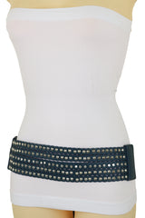 Black Wrap Around Long Skirt Faux Leather Fashion Belt Gold Metal Size S M