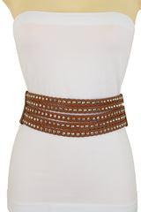 Wide Elastic Strap Brown Faux Leather Belt Silver Metal Studs Spikes S M