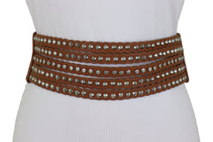 Wide Elastic Strap Brown Faux Leather Belt Silver Metal Studs Spikes S M