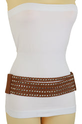 Women Wide Elastic Waistband Wide Strap Brown Faux Leather Belt Silver Metal Studs Spikes Size S M