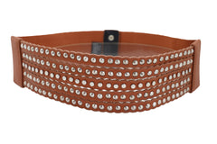 Women Wide Elastic Waistband Wide Strap Brown Faux Leather Belt Silver Metal Studs Spikes Size S M
