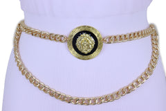 Gold Metal Wave Chain Belt with Lion Medallion Pendant