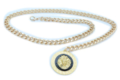 Gold Metal Skinny Chain Belt With Large Lion Medallion Pendant