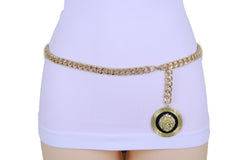 Wide Black Elastic Hip High Waist Fashion Belt Gold Metal Chain Links Size XS S