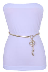 Skinny Elastic Waistband Belt Gold Metal Flower Hip High Waist Size S M L