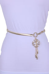 Skinny Elastic Waistband Belt Gold Metal Flower Hip High Waist Size S M L