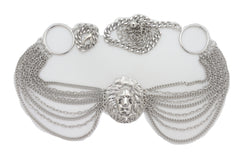 Silver Side Multi Waves Metal Chain Belt with Lion Head Pendant