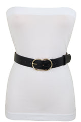 Belt Black Faux Leather Crocodile Stamp Gold Metal Circle Buckle Size M L