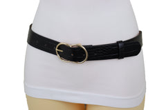 Belt Black Faux Leather Crocodile Stamp Gold Metal Circle Buckle Size M L
