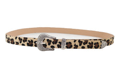 Western Filigree Buckle Faux Fur Leopard Print Skinny Classic Belt