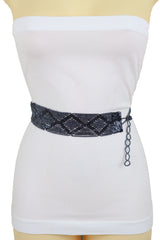 Hip High Waist Navy Blue Beads Waistband Wrap Around Tie Belt Fit Size M L