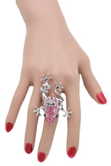 Pink Rhinestone Jeweled Frog Silver Band Ring