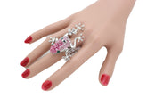 Pink Rhinestone Jeweled Frog Silver Band Ring