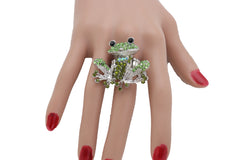 Silver Metal Ring Elastic Band Green Color Frog One Size