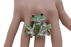 Silver Metal Ring Elastic Band Green Color Frog One Size