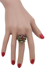 Multi Colored Rhinestone Gem Lady Bug Beetle Elastic Band Ring