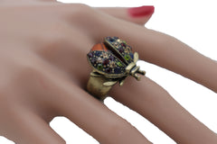 Multi Colored Rhinestone Gem Lady Bug Beetle Elastic Band Ring
