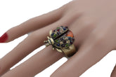 Multi Colored Rhinestone Gem Lady Bug Beetle Elastic Band Ring