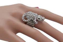 Silver Rhinestone Alligator Crocodile Elastic Band Ring