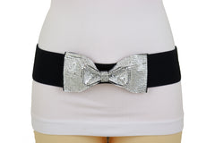 Women High Waist Hip Silver Bling Bow Tie Buckle Belt Black Elastic Band Dressy Fancy Style S M