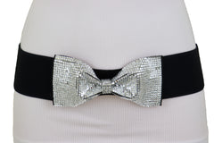 High Waist Hip Silver Bling Bow Tie Buckle Belt Black Elastic Band S M