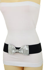 Women High Waist Hip Silver Bling Bow Tie Buckle Belt Black Elastic Band Dressy Fancy Style S M