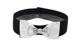 Women High Waist Hip Silver Bling Bow Tie Buckle Belt Black Elastic Band Dressy Fancy Style S M